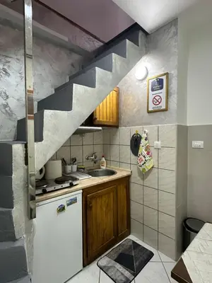 a small kitchen with a sink and a staircase at OASIS IN CENTER OF VRACAR in Vračar (historical)