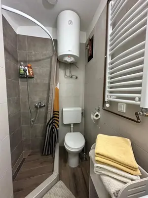 a small bathroom with a toilet and a shower at OASIS IN CENTER OF VRACAR in Vračar (historical)