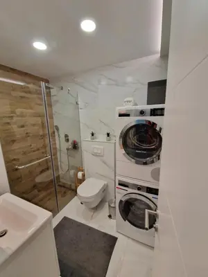 a bathroom with a toilet and a washing machine at Royal apartment Sava river Blok 70 in Ada Ciganlija
