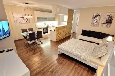 a living room with a bed and a dining room at Apartman Meri in Tošin Bunar