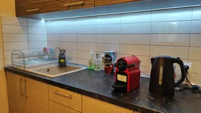a kitchen counter with a toaster and a sink at Duplex Delight in Belgrade