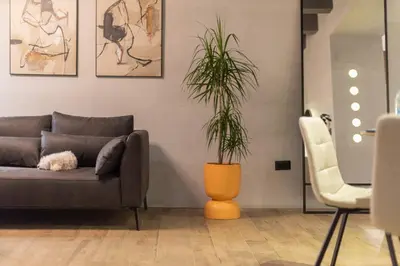a living room with a couch and a plant at Apartment Knez Belgrade in Belgrade