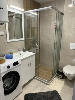 a bathroom with a shower and a washing machine at Cvetanov trg LUX 3 in Belgrade