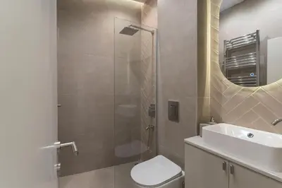 a bathroom with a shower and a toilet and a sink at Olive Apartments in Belgrade