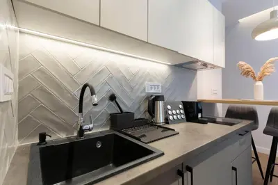 a kitchen with a sink and a laptop on a counter at Olive Apartments in Belgrade