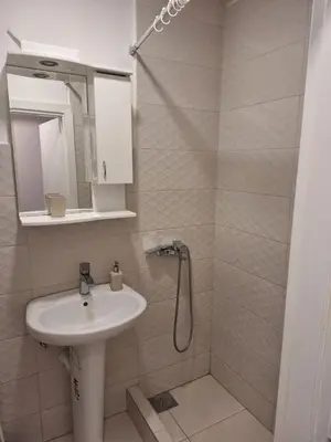 a bathroom with a sink and a shower at Sarajevska Beograd in Sajmište