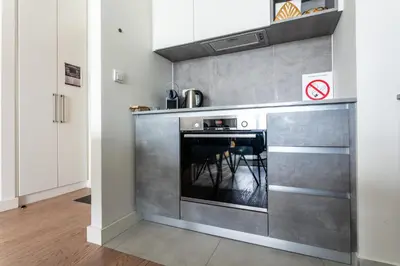 a kitchen with a large stainless steel oven at The View Belgrade Waterfront in Belgrade
