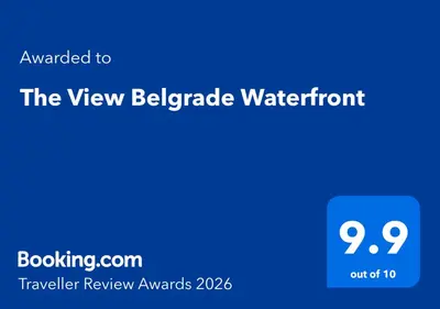 a blue screen with the text upgraded to the view belgrade waterproof at The View Belgrade Waterfront in Belgrade