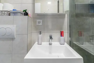 a bathroom with a white sink and a shower at Apartman Ivana in Novi Beograd