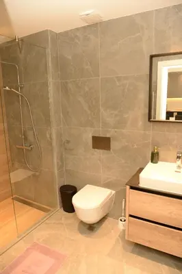 a bathroom with a shower and a toilet and a sink at Apartman IrMa in Sajmište