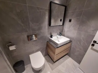a bathroom with a toilet and a sink and a mirror at Apartman IrMa in Sajmište