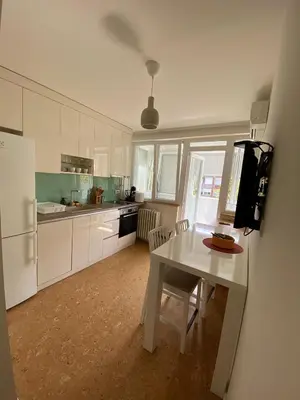 a kitchen with a white table and a white refrigerator at Goce 20 New Belgrade,near hotel Jugoslavija in Tošin Bunar