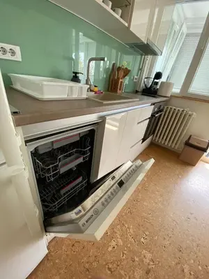 a kitchen with an open oven in the middle at Goce 20 New Belgrade,near hotel Jugoslavija in Tošin Bunar
