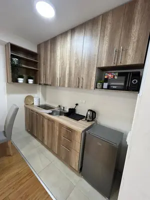 a kitchen with wooden cabinets and a sink and a microwave at Delete 44 in Novi Grad