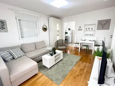 a living room with a couch and a table at GreenCity10 in Belgrade