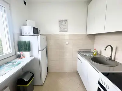 a kitchen with a sink and a white refrigerator at GreenCity10 in Belgrade