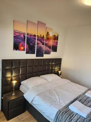 a bedroom with a bed with four paintings on the wall at Ramonda Belgrade Waterfront - BW Aqua in Belgrade