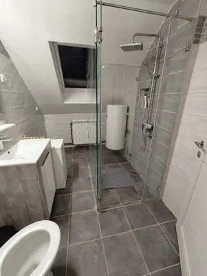 a bathroom with a shower and a toilet and a sink at Privatna soba Marijana-Olja in Surčin