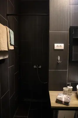 a bathroom with a shower with black tiles at Audrey apartment Belgrade in Belgrade