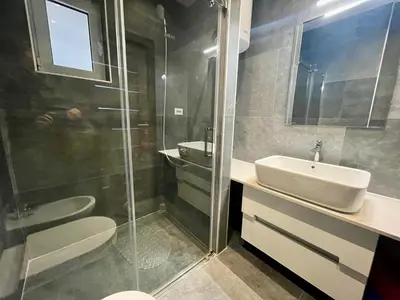 a bathroom with a shower and a sink and a toilet at Passpartu Apartments in Belgrade