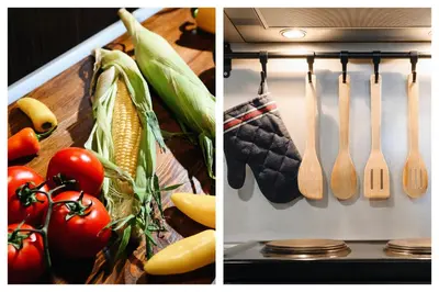 two pictures of utensils and vegetables on a rack at Family Penthouse with Terrace 5min to Kalemegdan in Belgrade