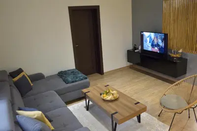 a living room with a couch and a table and a tv at AeroVista Apartment in Surčin