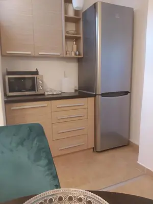 a kitchen with a refrigerator and a microwave at Sky lux apartment Vracar in Belgrade