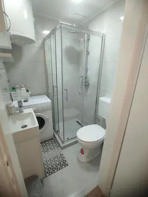 a bathroom with a shower and a toilet and a sink at Apartman Nicolas in Karaburma