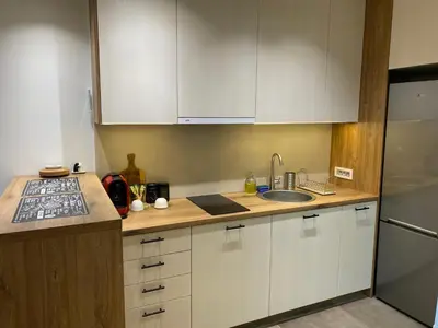 a kitchen with white cabinets and a sink at Vrtovi Ceraka in Belgrade