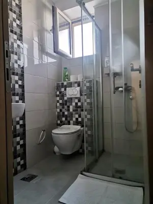 a bathroom with a toilet and a glass shower at RoomsApartments PopCOURT Tenis Centar in Pančevo