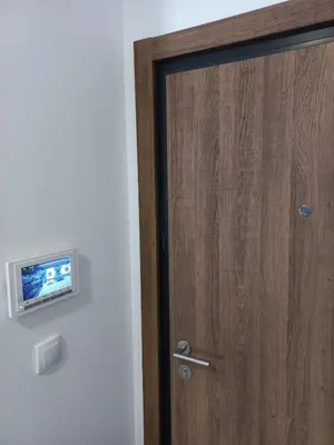 a wooden door with a television on a wall at Apartman Arija in Ruma