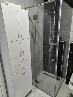 a bathroom with a shower and a glass door at Apartman Arija in Ruma