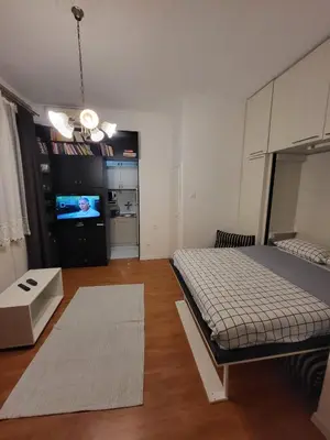 a bedroom with a bed and a flat screen tv at Kod Vuka in Belgrade