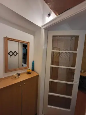 a bathroom with a mirror and a sink and a door at Kod Vuka in Belgrade