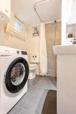 a washing machine in a bathroom with a toilet at White Bear 1663 Zemun Oldest House Apartment in Zemun