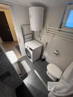 a small bathroom with a toilet and a sink at White Bear 1663 Zemun Oldest House Apartment in Zemun