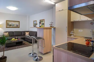 a kitchen and living room with a couch and a table at Apartments Jevtic in Belgrade