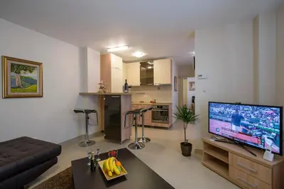 a living room with a flat screen tv and a couch at Apartments Jevtic in Belgrade