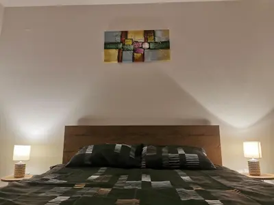 a bedroom with a large bed with two lamps at LoLa5 in Novi Grad