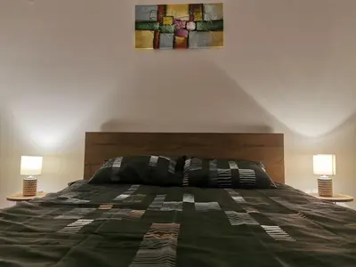a bedroom with a large bed with two lamps at LoLa5 in Novi Grad