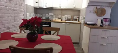 a kitchen with a table with a vase of flowers on it at Botanic Garden 1 in Belgrade
