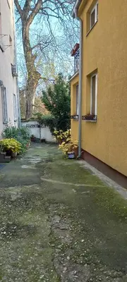 an empty street next to a yellow building at Botanic Garden 1 in Belgrade