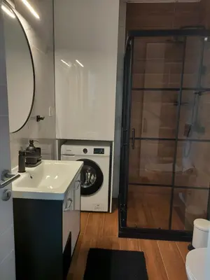 a bathroom with a sink and a washing machine at Iris apartman in Arandjelovac
