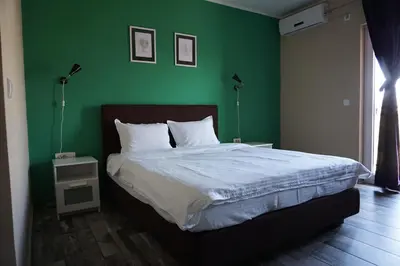 a green bedroom with a bed and a green wall at Guesthouse & restaurant Tekovina in Smederevo