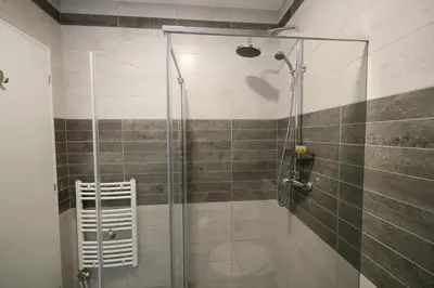 a shower with a glass door in a bathroom at Guesthouse & restaurant Tekovina in Smederevo