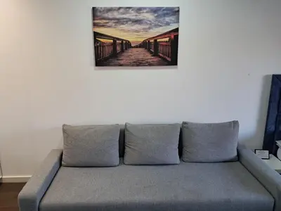a couch in a living room with a picture on the wall at Apartment Premier 2 A Blok in Belgrade
