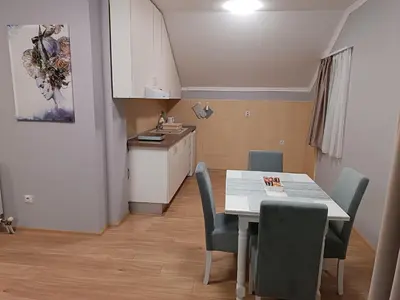 a kitchen and dining room with a table and chairs at Apartman Ana in Borča