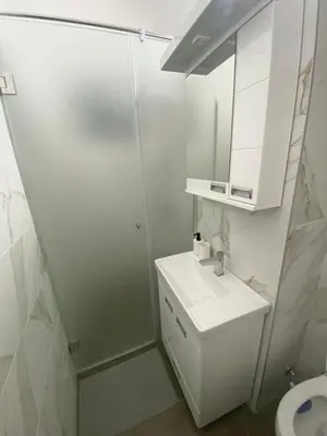 a white bathroom with a sink and a shower at Apartman Mandić in Belgrade