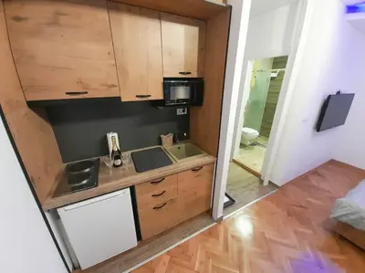 a small kitchen with a sink and a microwave at Apartment paku 3 New Belgrade in Belgrade