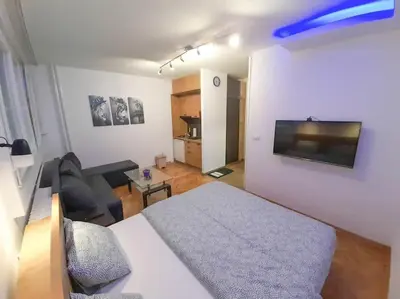 a room with a bed and a couch and a television at Apartment paku 3 New Belgrade in Belgrade